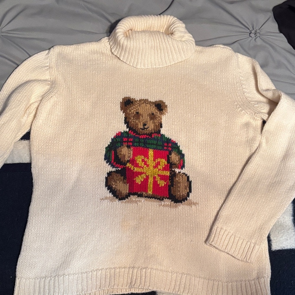 Charming Cream Turtleneck Sweater with Bear Design